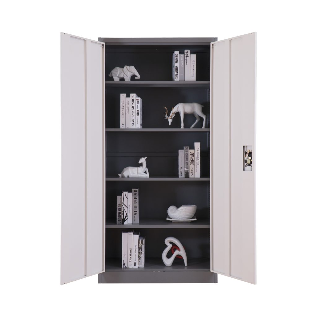 steel file cabinet with two open doors and adjustable shelves.
