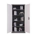 steel file cabinet with two open doors and adjustable shelves.