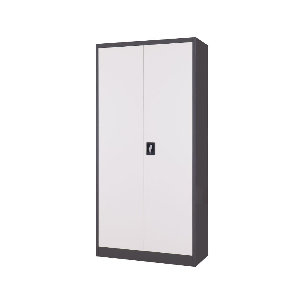 Two-tone metal filing cabinet with dark grey frame and white doors.