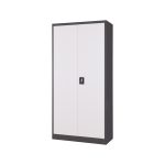 Two-tone metal filing cabinet with dark grey frame and white doors.