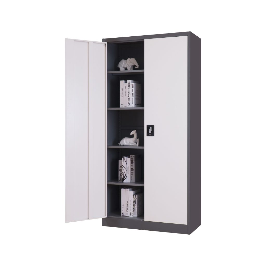 Metal office cabinet with one door open showing 4 adjustable compartments.