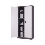 Metal office cabinet with one door open showing 4 adjustable compartments.