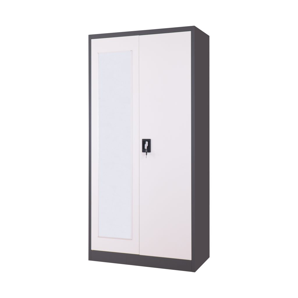 Two door steel storage cabinet featuring a mirror on the left door