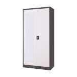 Two door steel storage cabinet featuring a mirror on the left door